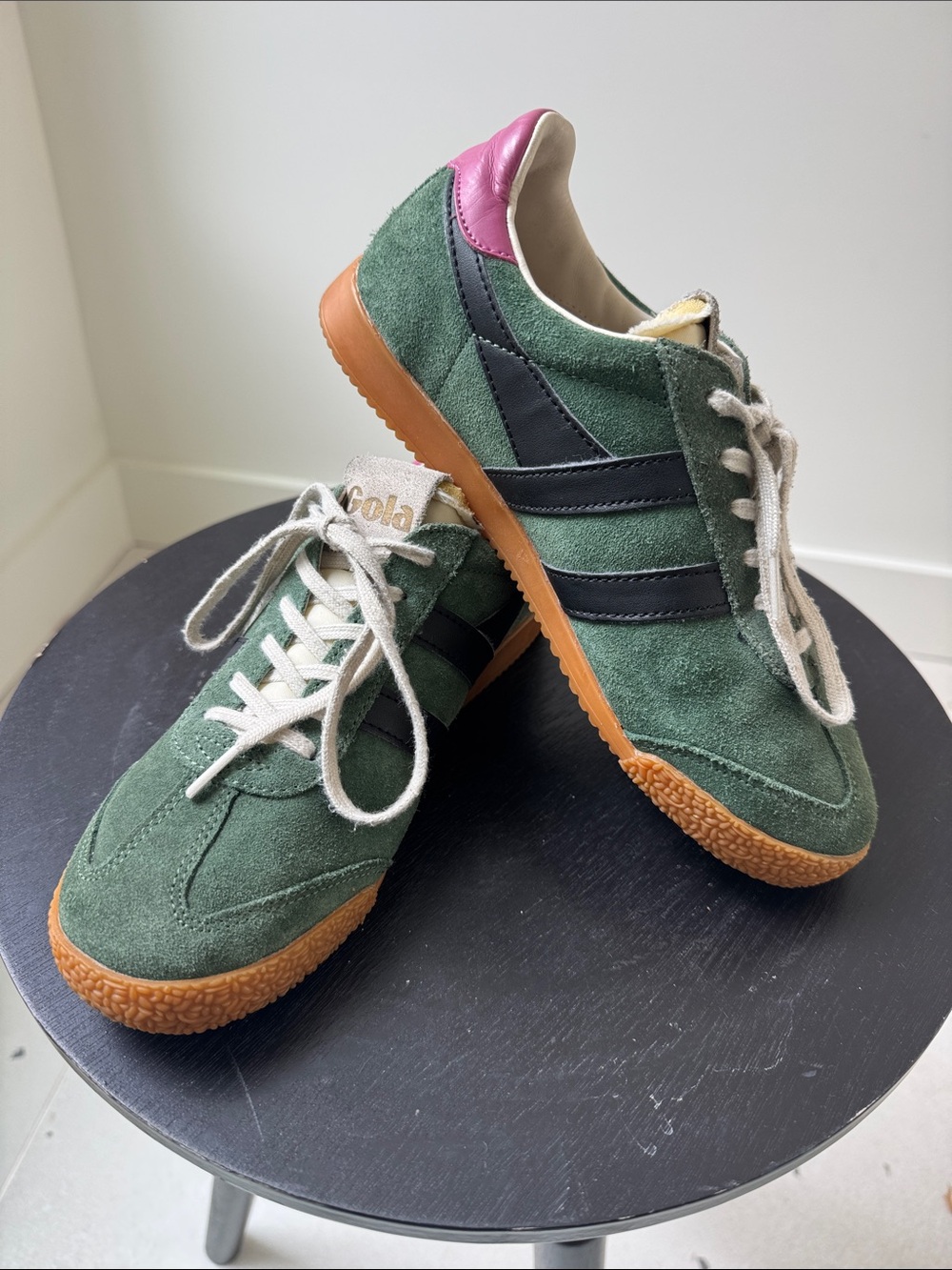 Gola Green Suede Trainers with Black Stripes & Pink Heel Tab